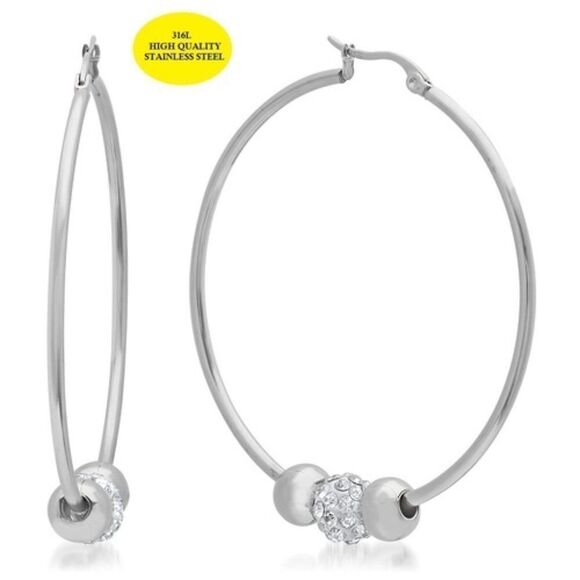 PIATELLA, NEW, STAINLESS-STEEL HOOP WITH CUBIC ZIRCON BEADS EARRINGS - Picture 1 of 5